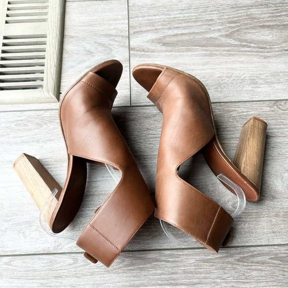 VINCE Addie Open Toe Buckle Back Strap Brown  Leather Bootie Wooden block Heel - Picture 10 of 16